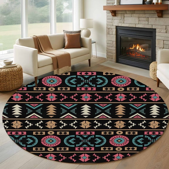Aztec 7ft Round Rug for Living Room Conversation Area, Geometric Pattern Washable Non Slip Large Circle Area Rug