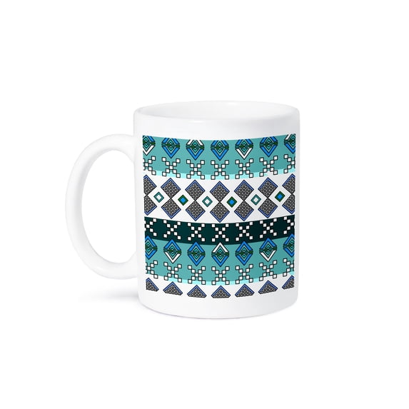 3dRose, Aztec Andes Tribal Geometric Pattern Blue and White, 15oz Mug
