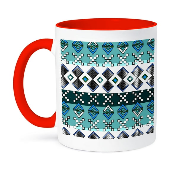 3dRose, Aztec Andes Tribal Geometric Pattern Blue and White, 15oz Two-Tone Red Mug