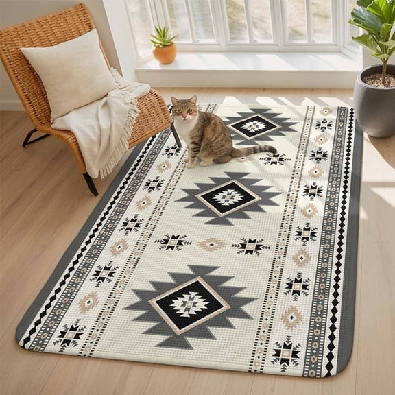 Aztec Area Rugs for Living Room 5x7, Gray Southwest Wind Bohemian Ethnic Wind Washable Area Rug with Non Slip Backing, Stain Resist Linen Carpet for Bedroom, Dining Room, Entryway, Entrance
