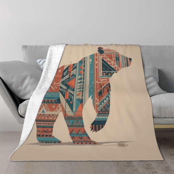 Aztec Bear Throw Blanket – Southwest Tribal Art Fleece, Soft & Cozy Flannel, Boho Cabin Decor Gift 50x40