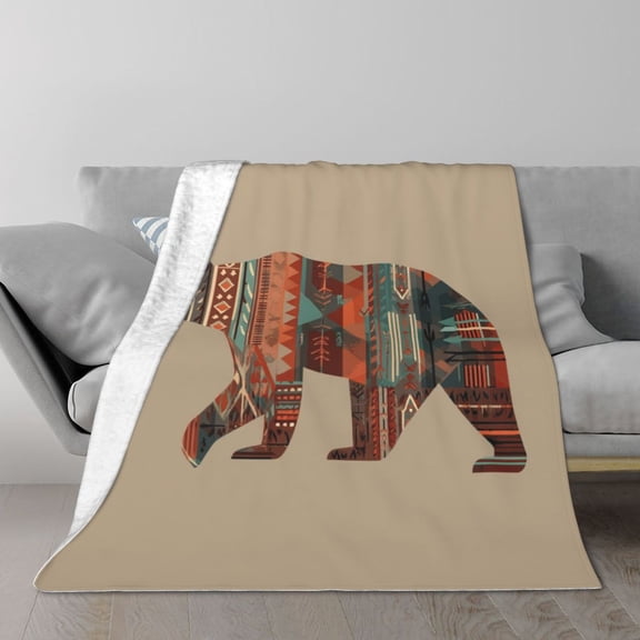 Aztec Bear Throw Blanket – Southwest Tribal Art Fleece, Soft & Cozy Flannel, Boho Cabin Decor Gift 50x40