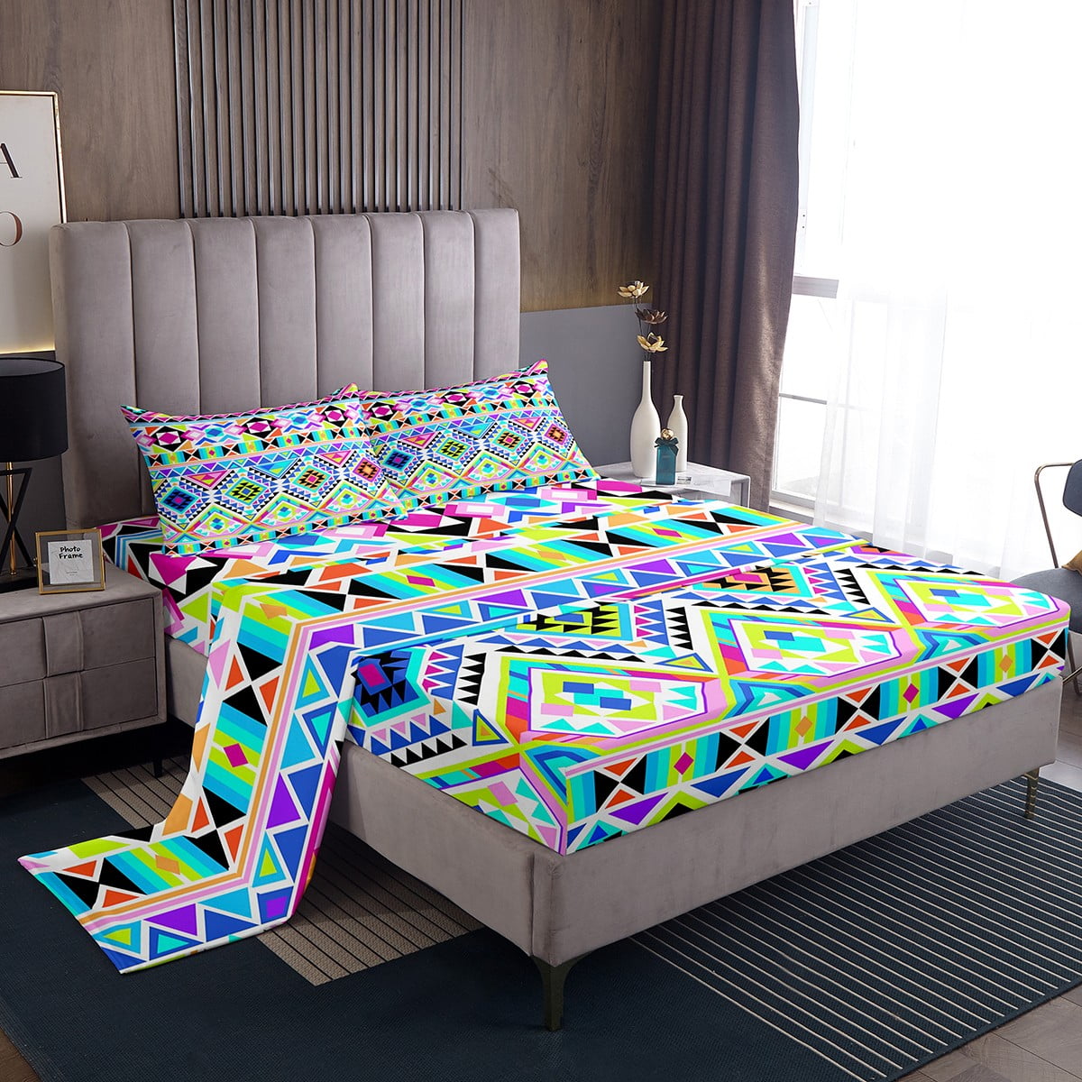 Aztec Bed Sheets Full Neon Geometric Diamond Bedding Set Western ...