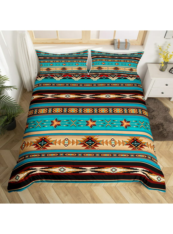 Aztec Bedding Set Ethnic Tribal Arrow Duvet Cover,Vintage Southwestern Native Bohemian Comforter Cover Queen,Western Star Bed Set Exotic Geometric Diamond Stripes Room Decor,Teal Blue and Brown
