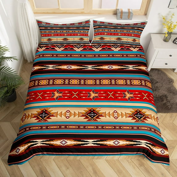 Aztec Bedding Set Ethnic Tribal Arrow Duvet Cover,Vintage Southwestern Native Bohemian Comforter Cover Queen,Western Star Bed Set Exotic Geometric Diamond Stripes Room Decor,Red Blue Dark Brown