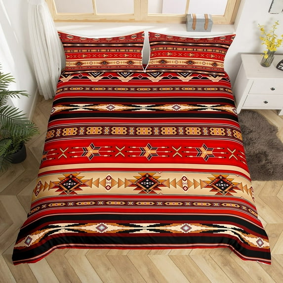 Aztec Bedding Set Ethnic Tribal Arrow Duvet Cover,Vintage Southwestern Native Bohemian Comforter Cover Queen,Western Star Bed Set Exotic Geometric Diamond Stripes Room Decor,Red and Black