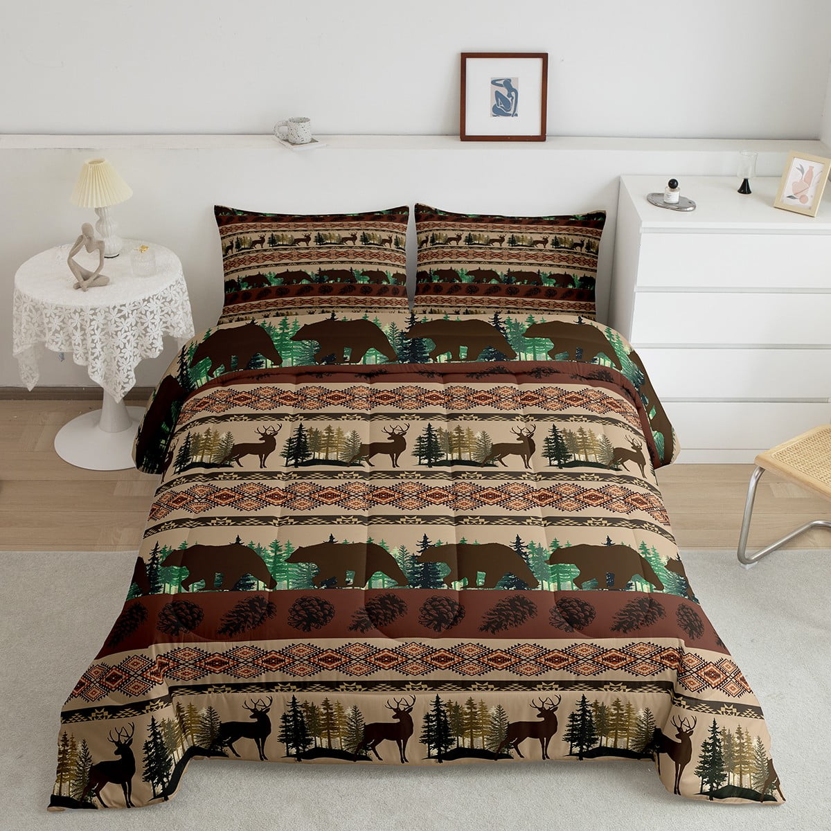 Aztec Bedding Set Woodland Animals Bear Quilt,Southwest Native Exotic