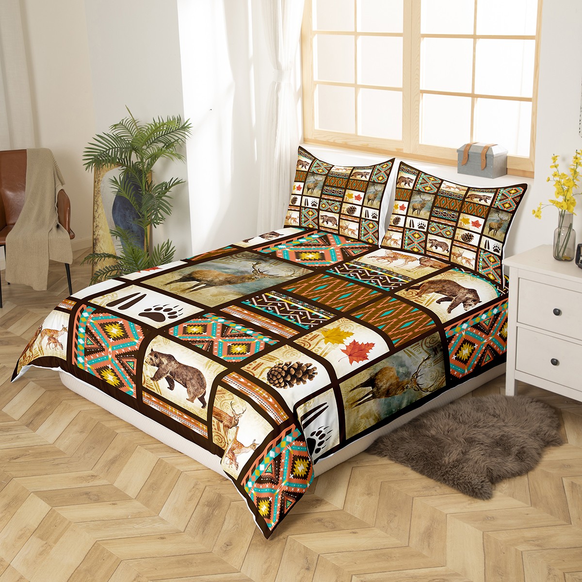 Aztec Bedding Set Woodland Animals Black Bear Comforter Cover,Southwest