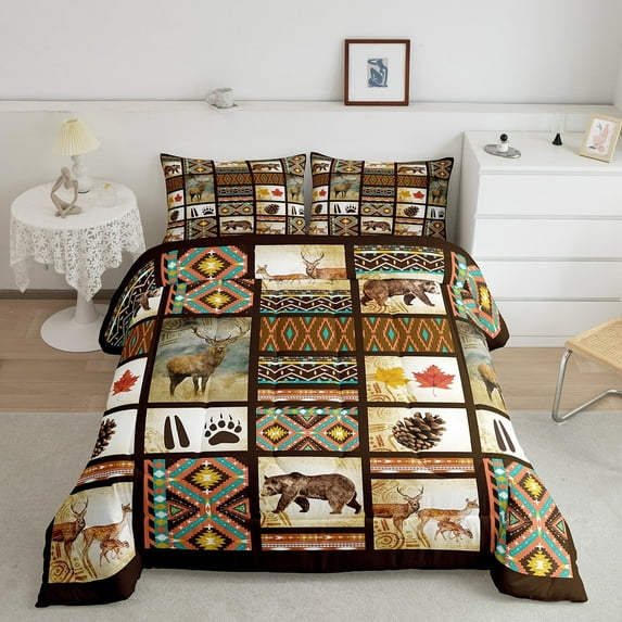 Aztec Bedding Set Woodland Animals Black Bear Quilt,Southwest Native Exotic Ethnic Indian Tribal Geometry Comforter Set King Country Deer Reindeer Duvet Insert,Retro Rustic Farmhouse Decor