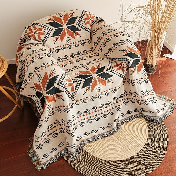 Aztec Blanket, Oversized Boho Throw Blanket with Fringe, Southwestern Geometric Tapestry Vintage Woven Throw Blankets, Double-Si (Orange maple leaves,90x180cm)