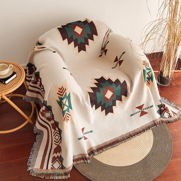 Aztec Blanket, Oversized Boho Throw Blanket with Fringe, Southwestern Geometric Tapestry Vintage Woven Throw Blankets, Double-Si (Sucre,130x180cm)