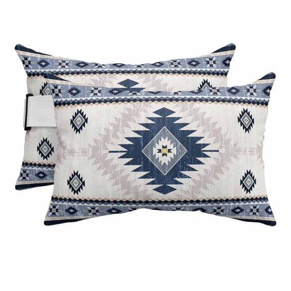Aztec Blue Geometric Abstract Outdoor Pillow for Chaise Lounge Chair,Head Resting&nbsp;Pillow with Insert, Retro Ethnic Southwest Style Waterproof Lumbar Pillows for Patio,11"x16" 2 Pack