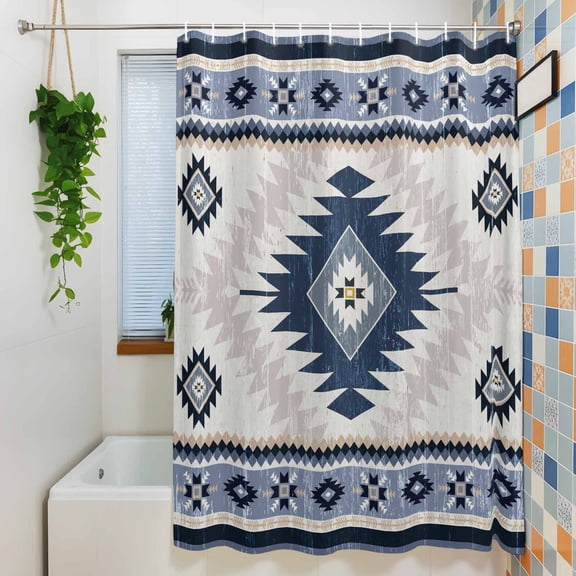 Aztec Blue Geometric Abstract Shower Curtain for Bathroom, Retro Ethnic Southwest Style Waterproof Shower Curtains Washable Quick Dry with Hooks Bathtub Curtains 36x72IN
