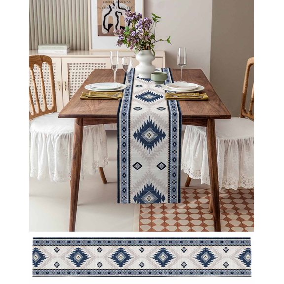 Aztec Blue Geometric Abstract Table Runner 13x72in Non-Slip Cotton Linen Table Runners, Retro Ethnic Southwest Style Dresser Scarves TableRunner for Dinner Kitchen Dining Wedding Party