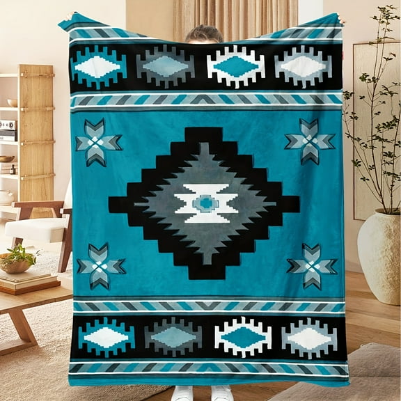 Aztec Bohemian Flannel Blanket Teal Geometric Print Soft Comfort Machine Washable Digital Printing with Multipurpose Use And All Seasons for Home Decor