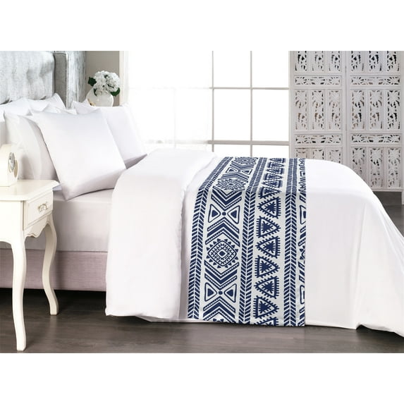 Aztec Boho Bed Runner, Ethnic Design Geometric Triangle Shapes With Chevron Ornament Print, Decorative Accent Bedding Scarf for Hotels Homes & Guest Rooms, King, White and Dark Lavender, by Ambesonne