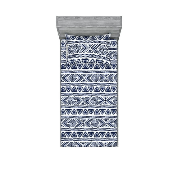 Aztec Boho Fitted Sheet & Pillow Sham Set, Ethnic Design Geometric Triangle Shapes With Chevron Ornament Print, Decorative Printed 2 Piece Bedding Decor, Twin, White and Dark Lavender, by Ambesonne
