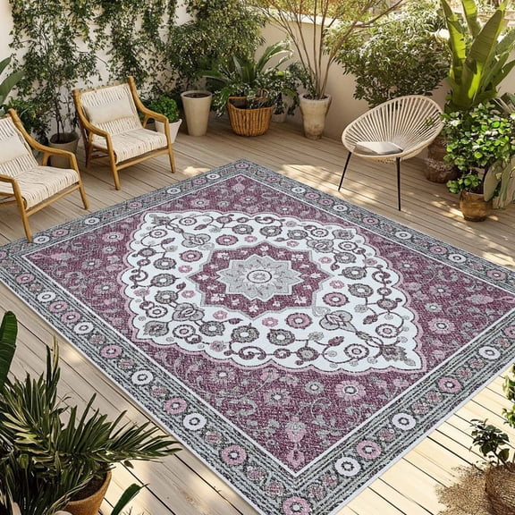 Aztec Boho Outdoor Rug 3x5 Ft - Reversible Patio Rug Outdoor Camping Rugs, Purple Gray Southwest Ethnic Tribal Abstract Indoor Outdoor Area Rugs, Non-Slip Outdoor Carpet Runner for Deck/Porch