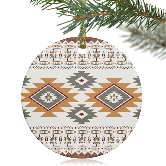 Aztec Boho Stripe Ethnic Style Christmas Ceramic Ornament 2025,3" Round Xmas Tree Hanging Accessories with Gold Ribbon