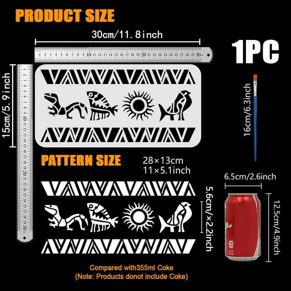 Aztec Borders Stencil with Brush 5.9x11.8inch Rectangle Aztec Animal Template Reusable Fish Sun Bird Stencil Plastic Tribal Theme Template for Home Wall Floor Furniture Decoration