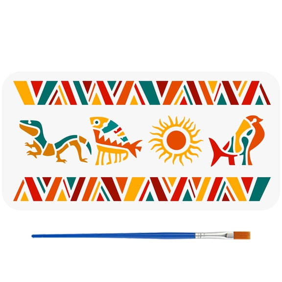 Aztec Borders Stencil with Brush 5.9x11.8inch Rectangle Aztec Animal Template Reusable Fish Sun Bird Stencil Plastic Tribal Theme Template
