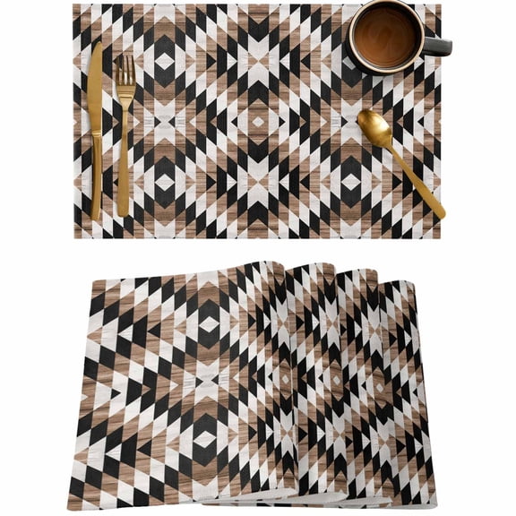 Aztec Brown Ethnic Style Placemats Set of 4,Wipeable Washable Table Mats for Dining Tables,Abstract Geometric Place Mats for Kitchen Event Party Tabletop Decor