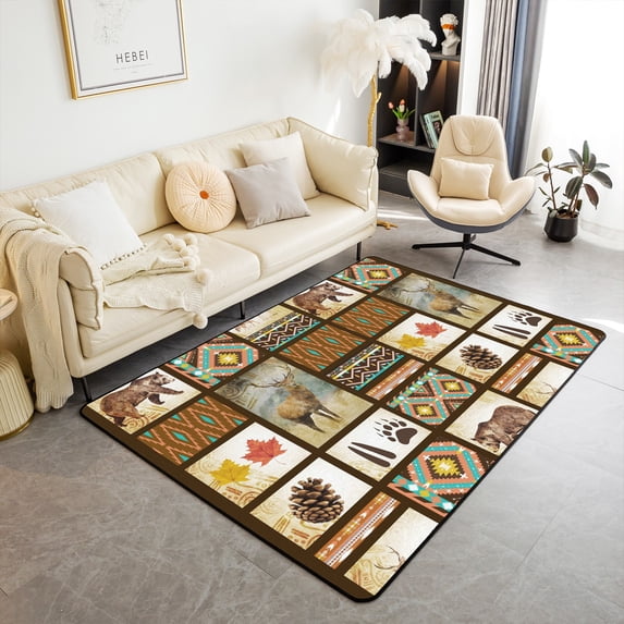 Aztec Buffalo Plaid Area Rug for Bedside Living Room, Hunting Deer Bear Washable Rug, Tribal Western Carpet Runner Non Slip, Geometric Stripes Floor Mat, Fall Leaves Pine Cones Decorative Rug, 5x7