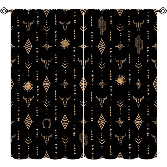 Aztec Bull Skull Curtains, Boho Ethnic Rustic Western Cactus Black Gold Window Treatments, Rod Pocket Thermal Insulated Drapes 2 Panel Sets for Bedroom Living Room Kitchen, 84"W X 84"L