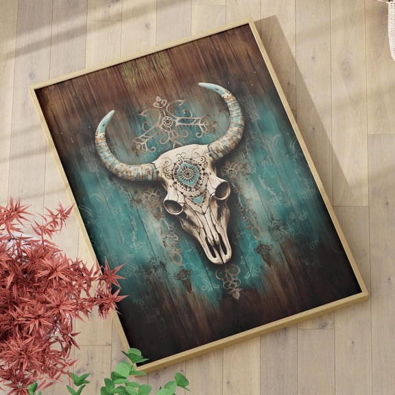 Aztec Bull Skull Wall Art, Western Boho Gothic Decor, Unframed Paper Print Size 8x12