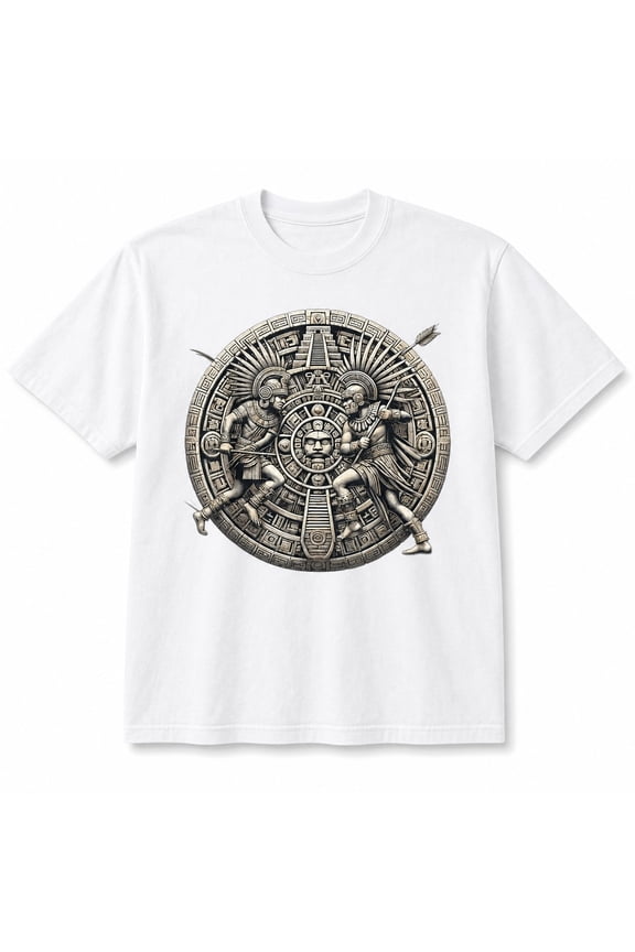 Aztec Calendar Warrior Graphic T-Shirt, Unisex Relaxed Fit, 100% Ring-Spun Cotton, 207 GSM, Front Print