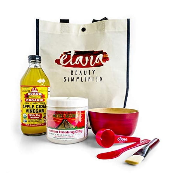 Aztec Clay Premium Mask Set by Etana Beauty All-In-One Kit Includes 1lb Aztec Secret Indian Healing Clay, 16oz Bragg's Apple Cider Vinegar, Natural Bamboo Bowl, Stir, Scoop, Brush & Tote