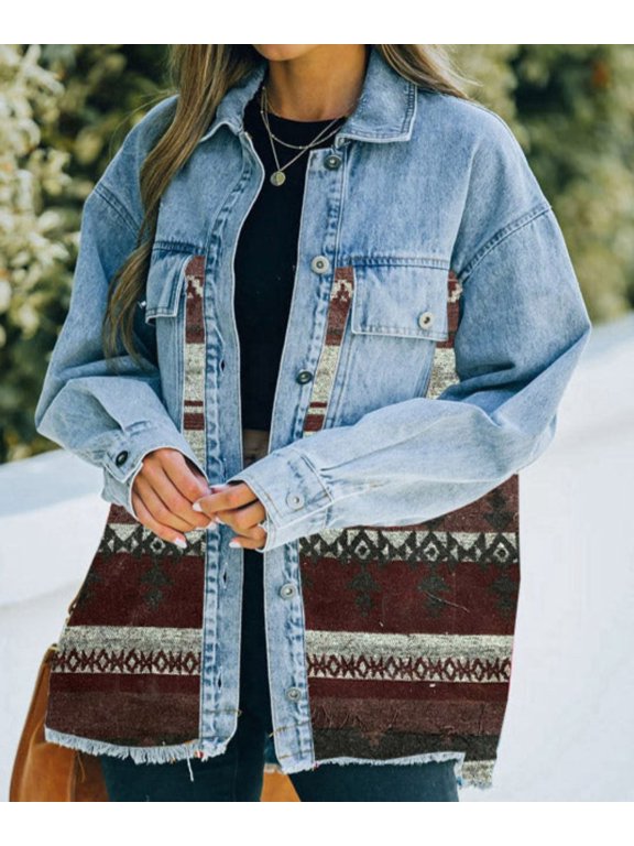 Aztec Collared Denim Patchwork Wool Jacket with Colorful Pattern