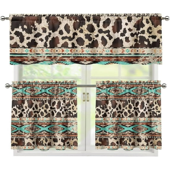 Aztec Cow Print Kitchen Curtain Valance and Tiers Set of 3 Fashion Farmhouse Basement Office Room Window Curtain for Kitchen Decor 24 inch Length 3 Piece-Easy Installation