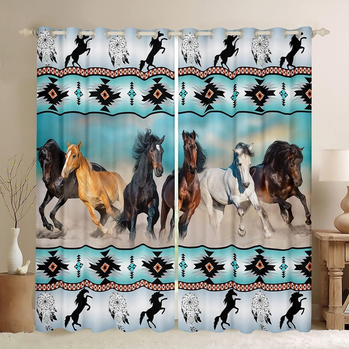 Vintage Aztec Curtains - Tribal Geometric Blackout Drapes, Rod Pocket, 42x45 Inch, For Living Room, Bedroom