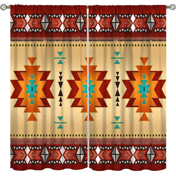Aztec Curtains, Southwestern Native Tribal American Ethnic Pattern Western Boho Geometric Window Treatments for Living Room Bedroom Kitchen Beige Red Drapes 2 Panel Sets,42x54 Inch