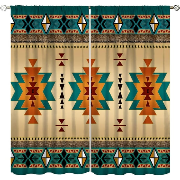 Aztec Curtains, Southwestern Native Tribal American Ethnic Pattern Western Boho Geometric Window Treatments for Living Room Bedroom Kitchen Beige Teal Drapes 2 Panel Sets,42x54 Inch, Style-13