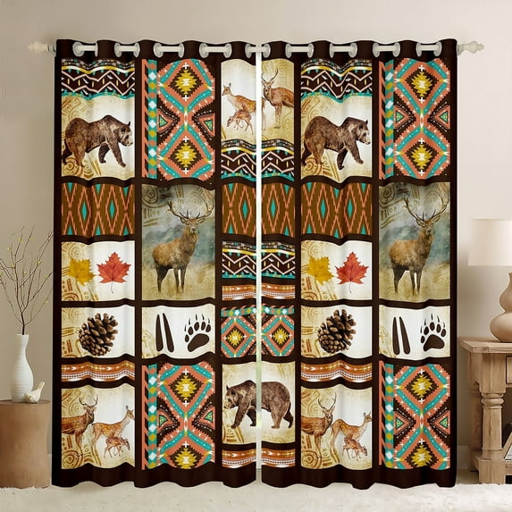 Aztec Curtains & Drapes Woodland Animals Black Bear Curtains,Southwest Exotic Tribal Geometry Blackout Curtains 2 Panels 42"Wx84"L Country Deer Reindeer Retro Farmhouse Decor
