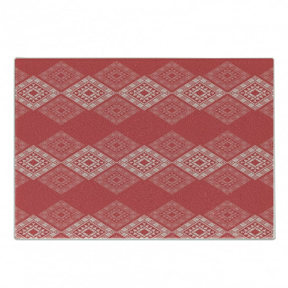 Aztec Cutting Board, Monochrome Square and Triangle Formations Graphical Primitive Artwork, Decorative Tempered Glass Cutting and Serving Board, in 3 Sizes, by Ambesonne