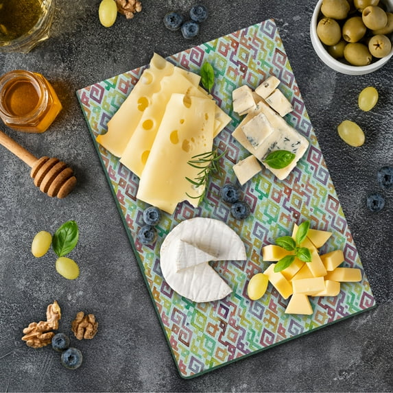 Aztec Cutting Board, Pastel Watercolor Style Boho Forms Prehistoric Hippie Hand Drawn Art, Decorative Tempered Glass Cutting and Serving Board, Small Size, Multicolor, by Ambesonne