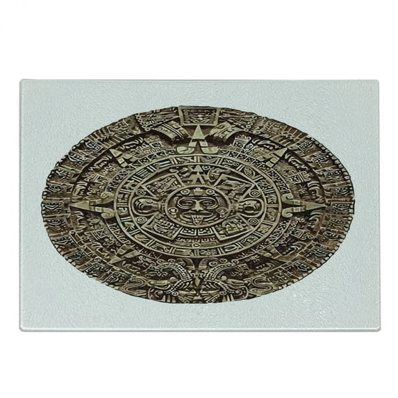 Aztec Cutting Board, Tribal Themed Medallion of Mexican Civilization Tribal Astronomy Pattern, Decorative Tempered Glass Cutting and Serving Board, in 3 Sizes, by Ambesonne