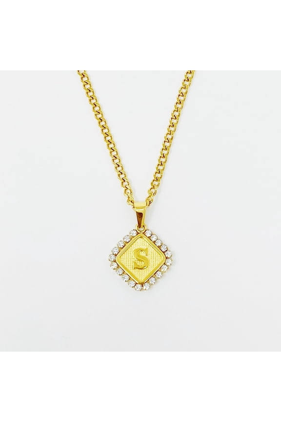 Aztec Style Sparkling 18K Gold Plating Ladies Initial Necklace with Cuban Chain