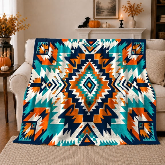 Aztec Diamond Geometric Textile Orange Teal Navy Tribal, Cozy Friendship Quote Scene, Warm Flannel Blanket for Living Room and Reading Nook, Art Lovers Friendship Gift, Artistic Home Decor