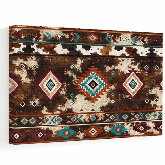 Aztec Diamond Motifs Canvas Wall Art, Western Vintage Tribal Southwestern Brown Wall Art Prints Artwork Framed Canvas Ready to Hang Art Pictures for Bathroom, Dressing Table, Entryway 12" x 8"