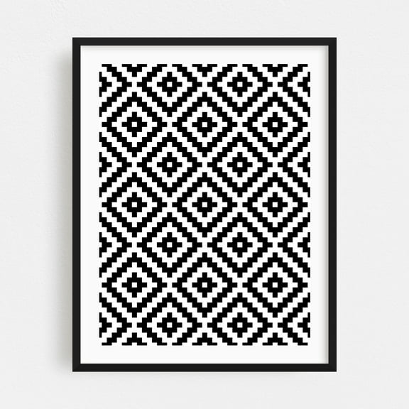 Aztec Diamond Shape Pattern Black+White - Digital Art Geometric Black and White Pattern Modern Art Minimalist Abstract Mid-Century Modern Black Framed Wall Art Print 18 x 24 inches