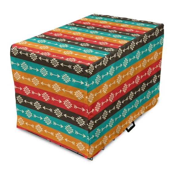 Aztec Dog Crate Cover, Ethnic Ornamental Colorful Direction Pointers Pattern Horizontal Composition, Easy to Use Pet Kennel Cover Small Dogs Puppies Kittens, 7 Sizes, Multicolor, by Ambesonne