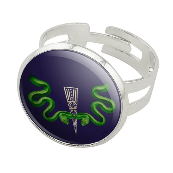 Aztec Double Green Snakes Silver Plated Adjustable Novelty Ring