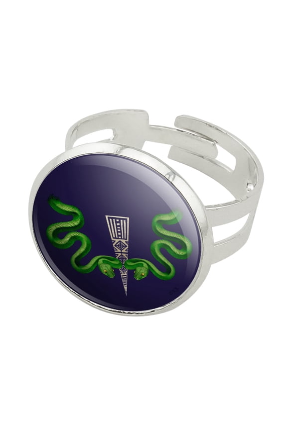 Aztec Double Green Snakes Silver Plated Adjustable Novelty Ring