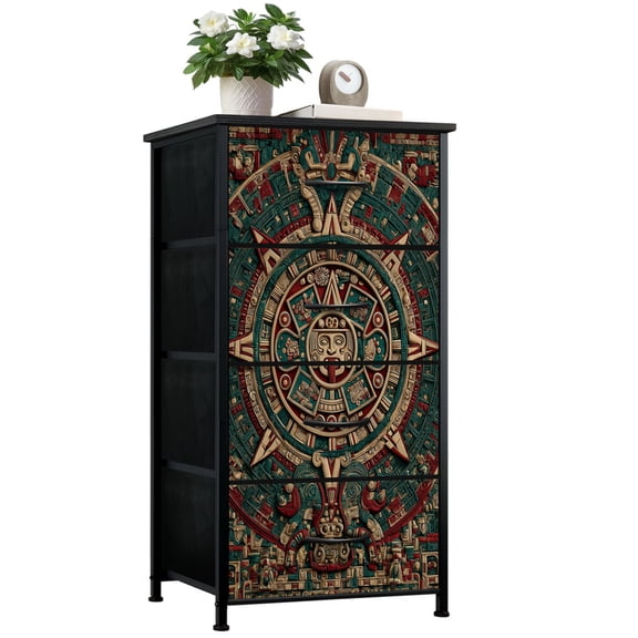 Aztec Dresser for Bedroom with 4 Storage Drawers Intricate Aztec Fire Water Harmony Dressers Chest of Drawers Steel Framed Fabric Closet Organizers for Nursery Entryway Ethnic Restaurant Inca