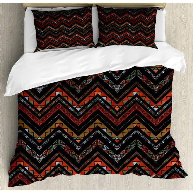 Aztec Duvet Cover Set, Ethnical Zigzag Chevron Print in Earthy Tones, Decorative 3 Piece Bedding Set with 2 Pillow Shams, Queen Size, Charcoal Grey Vermilion, by Ambesonne