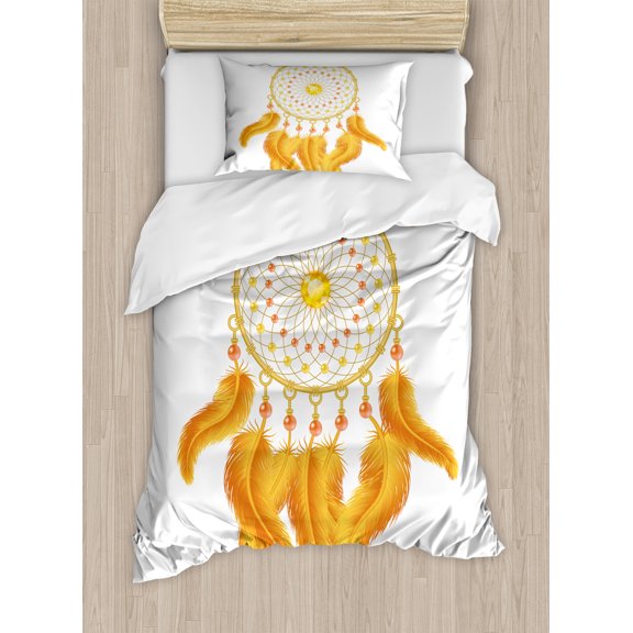 Aztec Duvet Cover Set, Graphic of Golden Yellow Dreamcatcher Native Indigenous Cultural Style, Decorative 2 Piece Bedding Set with 1 Pillow Shams, Twin Size, Marigold White, by Ambesonne